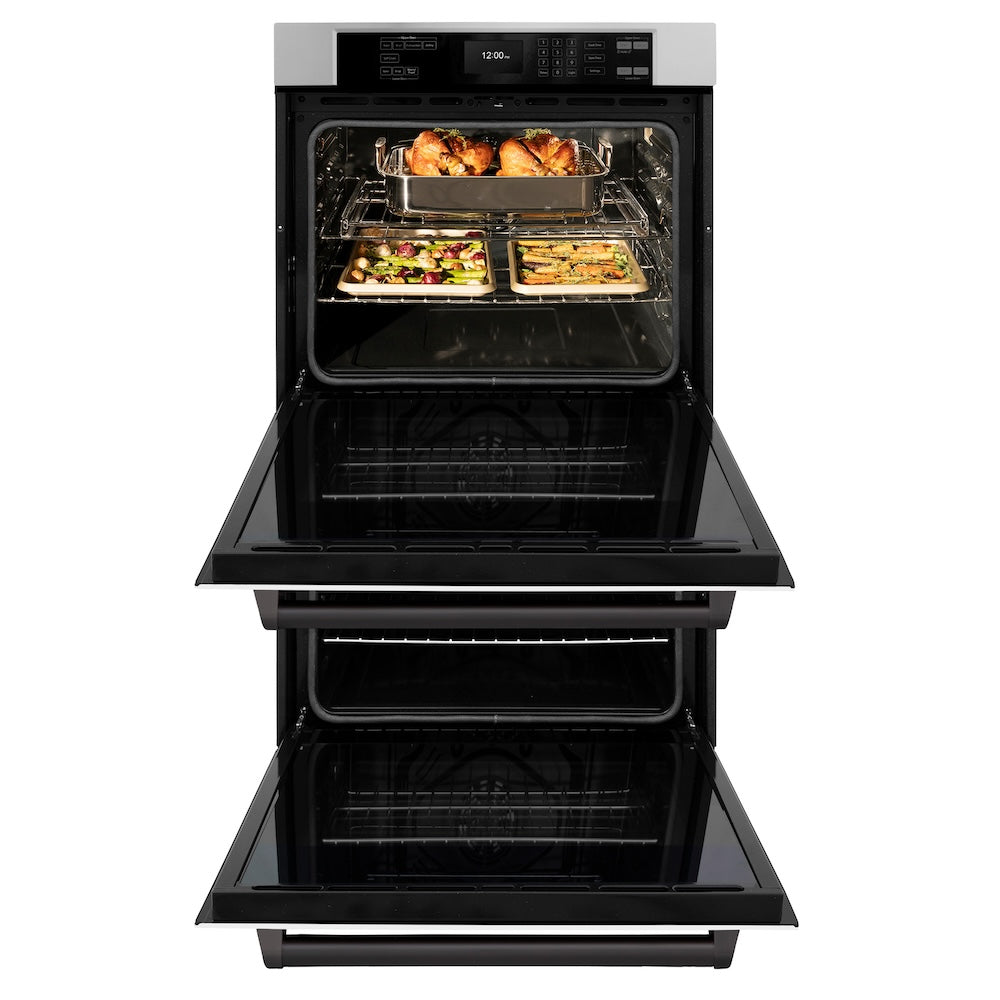 ZLINE Autograph Edition 30 in. Professional True Convection Double Wall Oven with Air Fry and Self Clean in Stainless Steel with White Matte Doors and Matte Black Handles (WADZ-WM-30-MB) front, open, with food inside.