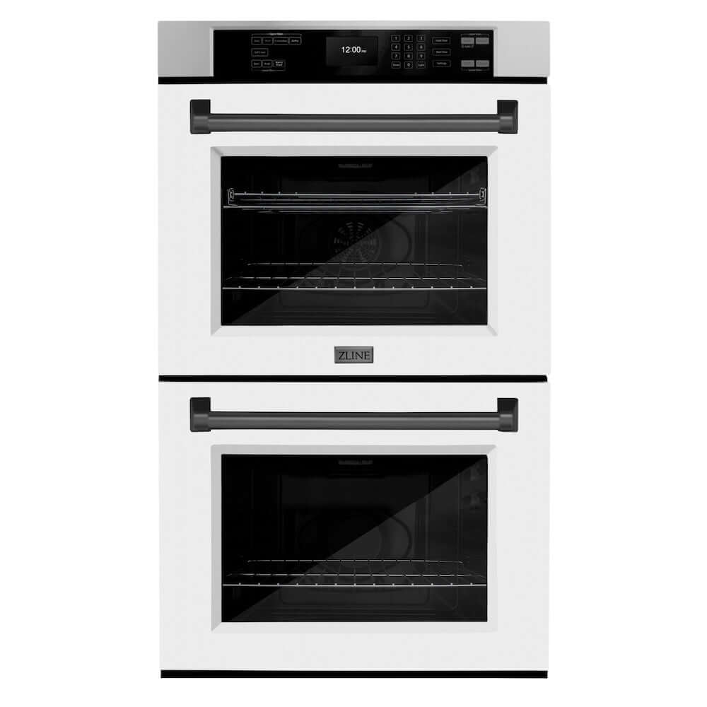 ZLINE Autograph Edition 30 in. Professional True Convection Double Wall Oven with Air Fry and Self Clean in Stainless Steel with White Matte Doors and Matte Black Handles (WADZ-WM-30-MB) main image.