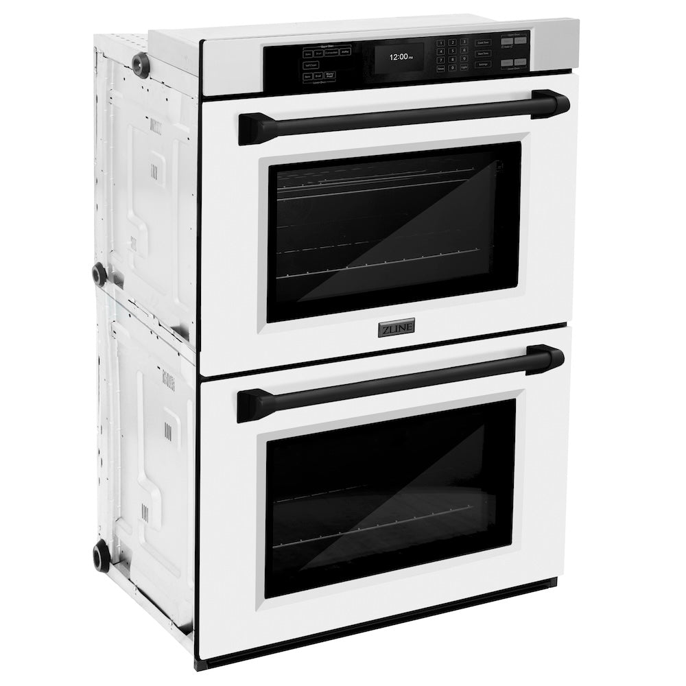 ZLINE Autograph Edition 30 in. Professional True Convection Double Wall Oven with Air Fry and Self Clean in Stainless Steel with White Matte Doors and Matte Black Handles (WADZ-WM-30-MB) side, oven closed.