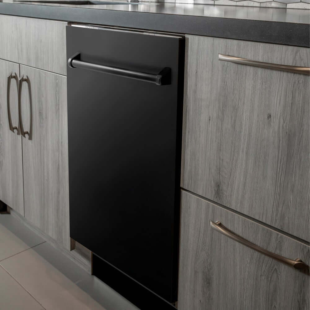 ZLINE 24 in. Black Stainless Top Control Built-In Dishwasher with Stainless Steel Tub and Traditional Style Handle, 52dBa (DW-BS-24) built-in to cabinets in a luxury kitchen.