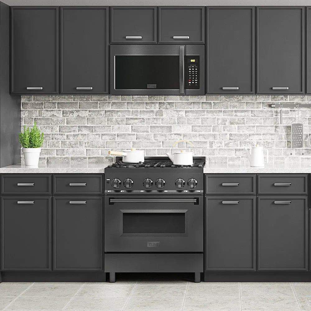 ZLINE Black Stainless Steel Over the Range Microwave in a modern kitchen above matching Black Stainless Steel Range front.