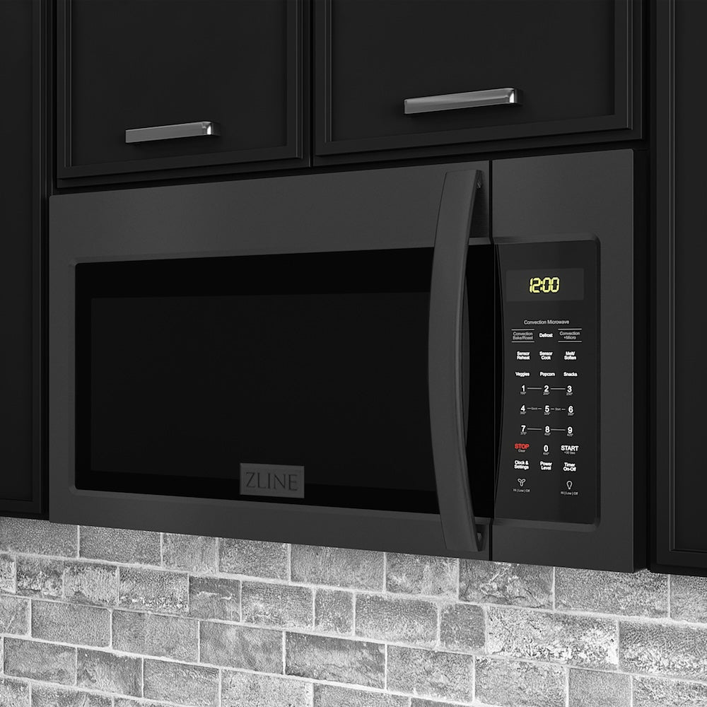ZLINE 30 in. Black Stainless Steel Over the Range Convection Microwave Oven with Modern Handle (MWO-OTR-30-BS) mounted above a kitchen counter with black cabinets.