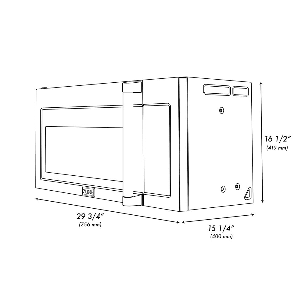 ZLINE 30 in. Black Stainless Steel Over the Range Convection Microwave Oven with Traditional Handle (MWO-OTR-H-30-BS) dimensional diagram.