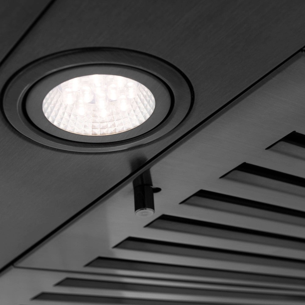 ZLINE black stainless steel range hood LED lighting close up