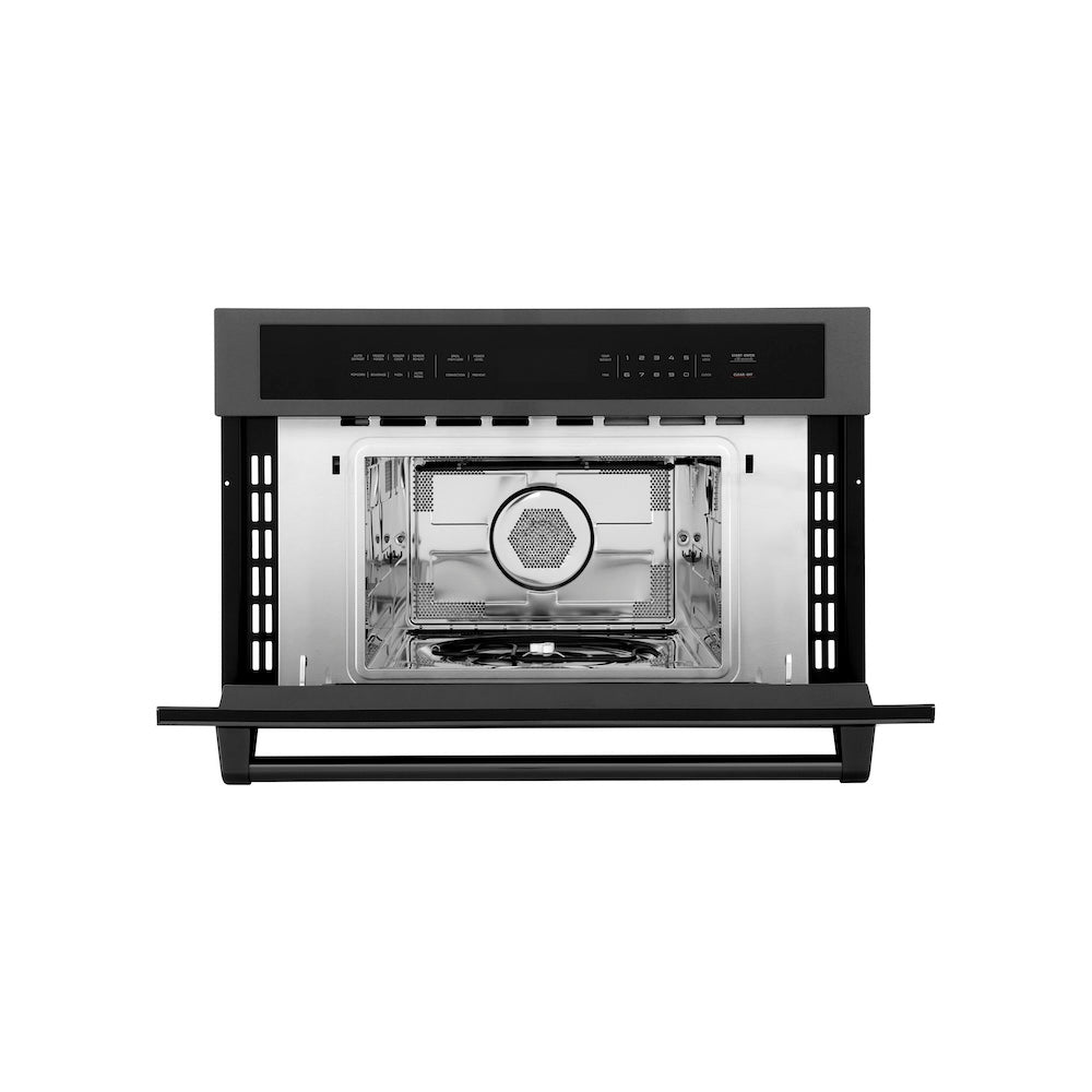 ZLINE 30 in. 1.6 cu ft. Black Stainless Steel Built-in Convection Microwave Oven (MWO-30-BS) front, open.