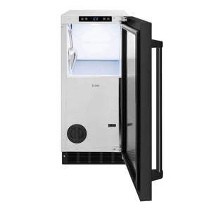 ZLINE 15 in. Touchstone Clear Cube Ice Maker with Drain Pump and Black Stainless Steel Door (ICCD-BS-15) front, open.