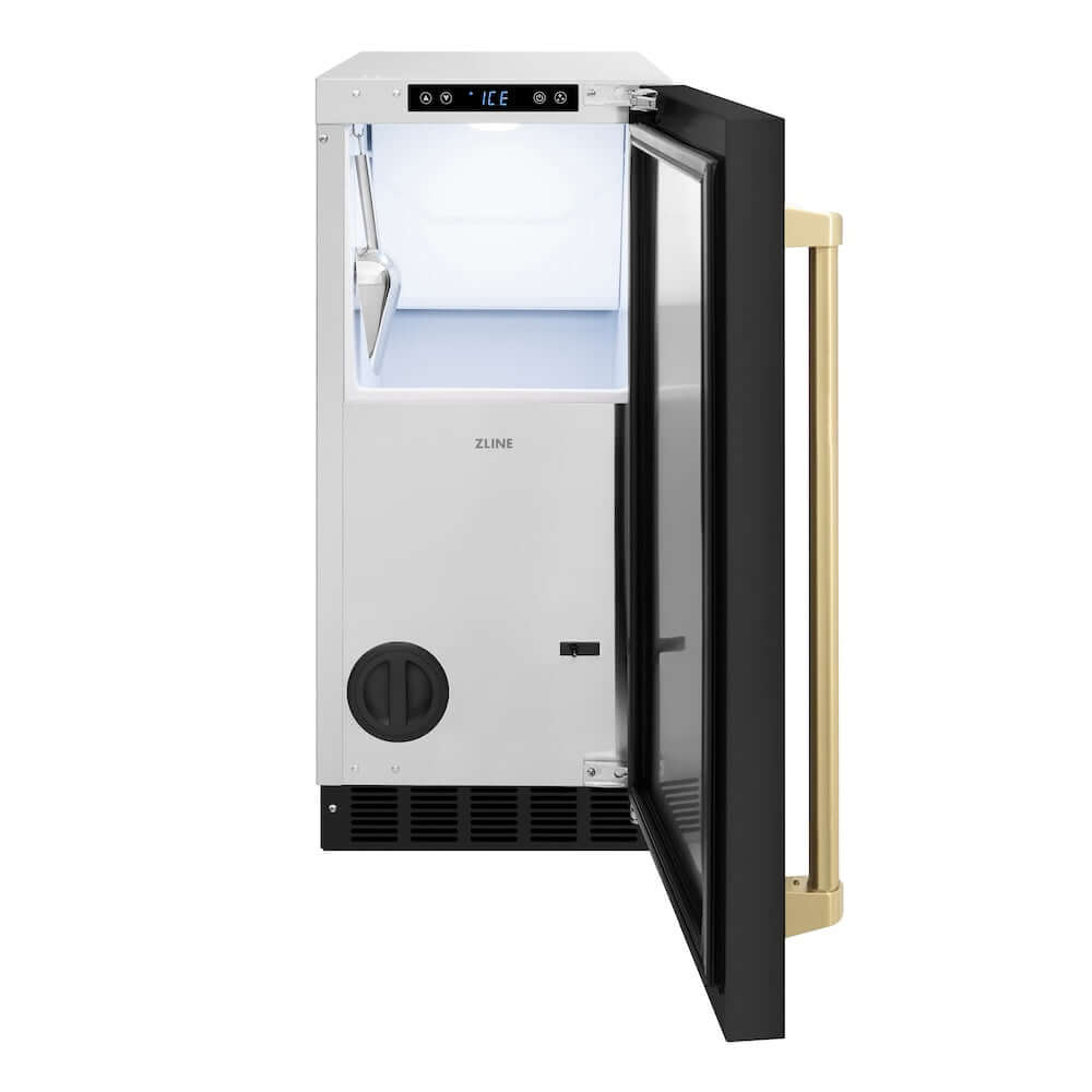 ZLINE Autograph Edition 15 in. Touchstone Clear Cube Ice Maker with Drain Pump and Black Stainless Steel Door with Champagne Bronze Handle (ICCDZ-BS-15-CB) front, open.