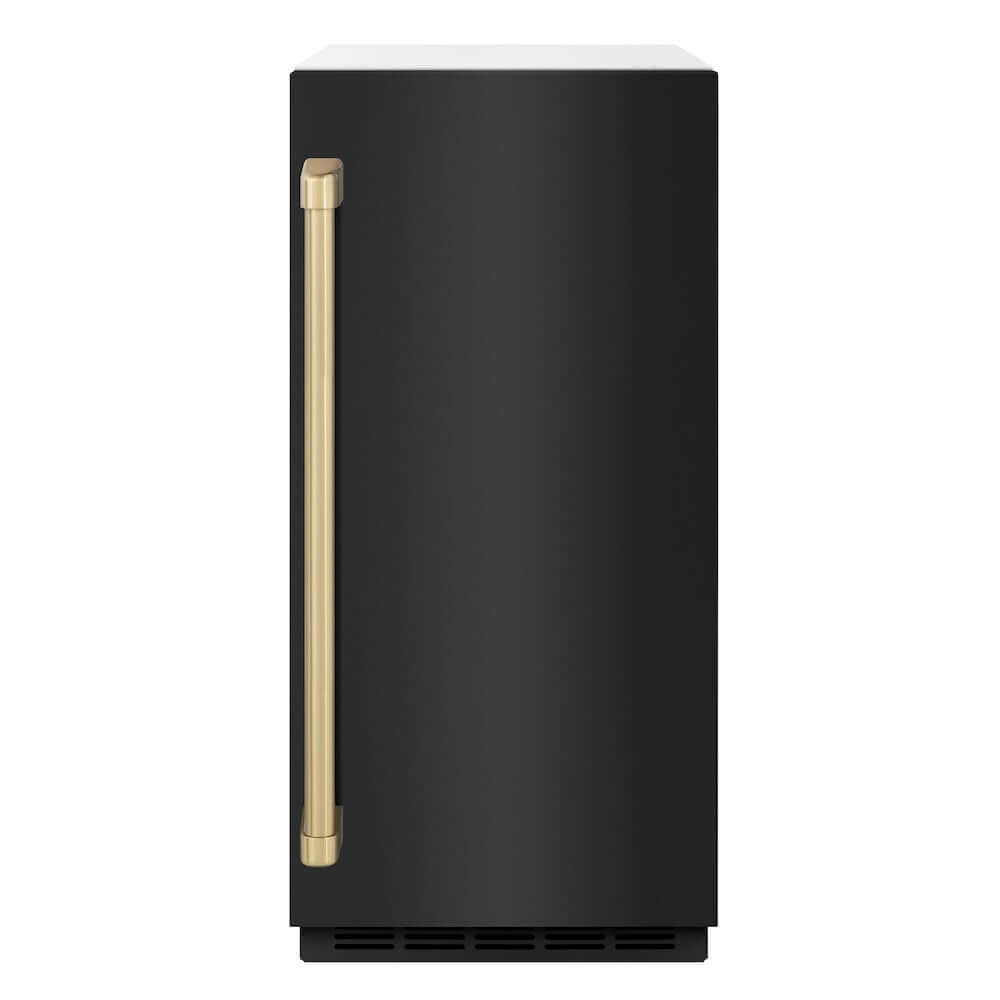 ZLINE Autograph Edition 15 in. Touchstone Clear Cube Ice Maker with Drain Pump and Black Stainless Steel Door with Champagne Bronze Handle (ICCDZ-BS-15-CB) front.