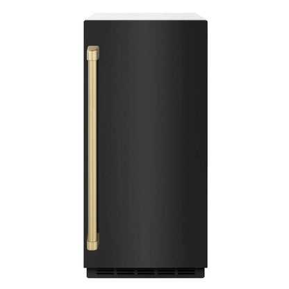 ZLINE Autograph Edition 15 in. Touchstone Clear Cube Ice Maker with Drain Pump and Black Stainless Steel Door with Champagne Bronze Handle (ICCDZ-BS-15-CB) front.