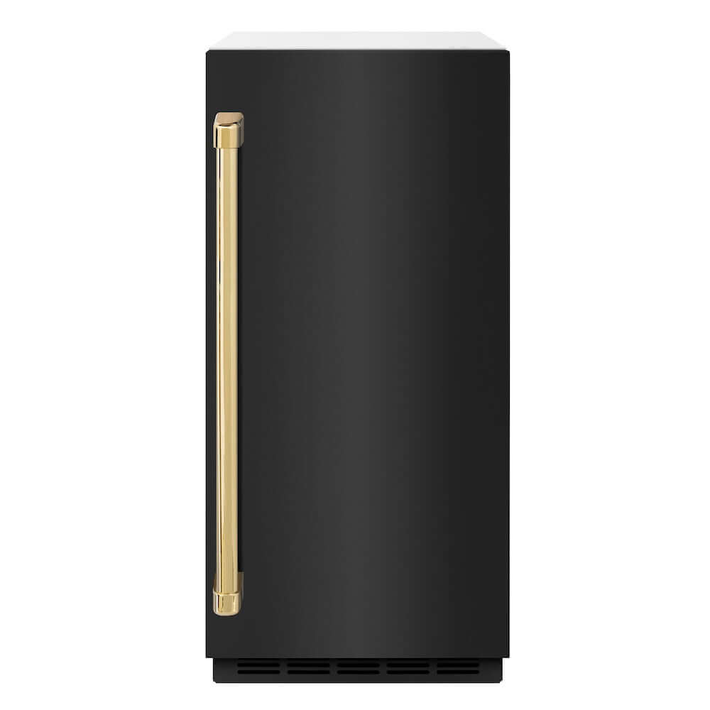 ZLINE Autograph Edition 15 in. Touchstone Clear Cube Ice Maker with Drain Pump and Black Stainless Steel Door with Polished Gold Handle (ICCDZ-BS-15-G) front.