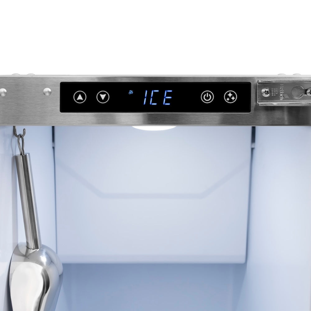 ZLINE Autograph Edition 15 in. Touchstone Clear Cube Ice Maker with Drain Pump and Black Stainless Steel Door with Champagne Bronze Helix Handle (ICCDZ-BS-15-KCB) digital display and control panel.