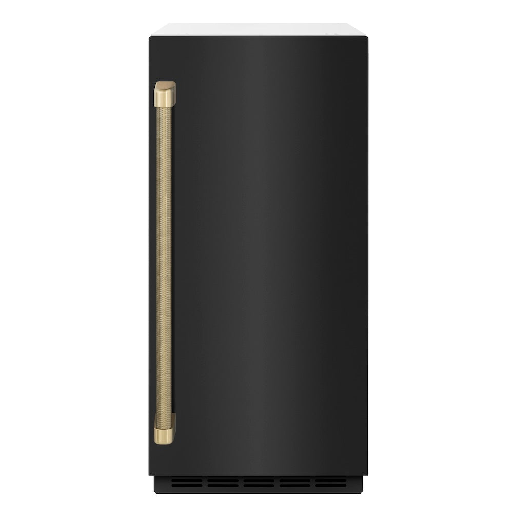 ZLINE Autograph Edition 15 in. Touchstone Clear Cube Ice Maker with Drain Pump and Black Stainless Steel Door with Champagne Bronze Helix Handle (ICCDZ-BS-15-KCB) front.