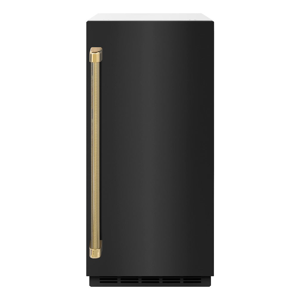 ZLINE Autograph Edition 15 in. Touchstone Clear Cube Ice Maker with Drain Pump and Black Stainless Steel Door with Polished Gold Helix Handle (ICCDZ-BS-15-KG) front.