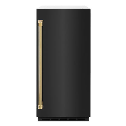 ZLINE Autograph Edition 15 in. Touchstone Clear Cube Ice Maker with Drain Pump and Black Stainless Steel Door with Polished Gold Helix Handle (ICCDZ-BS-15-KG) front.