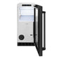 ZLINE 15 in. Touchstone Gourmet Ice Maker with Drain Pump and Black Stainless Steel Door (IGMD-BS-15) front, open.