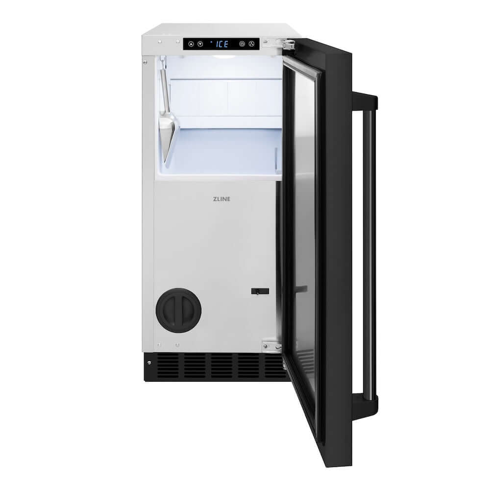 ZLINE 15 in. Touchstone Gourmet Ice Maker with Drain Pump and Black Stainless Steel Door (IGMD-BS-15) front, open.