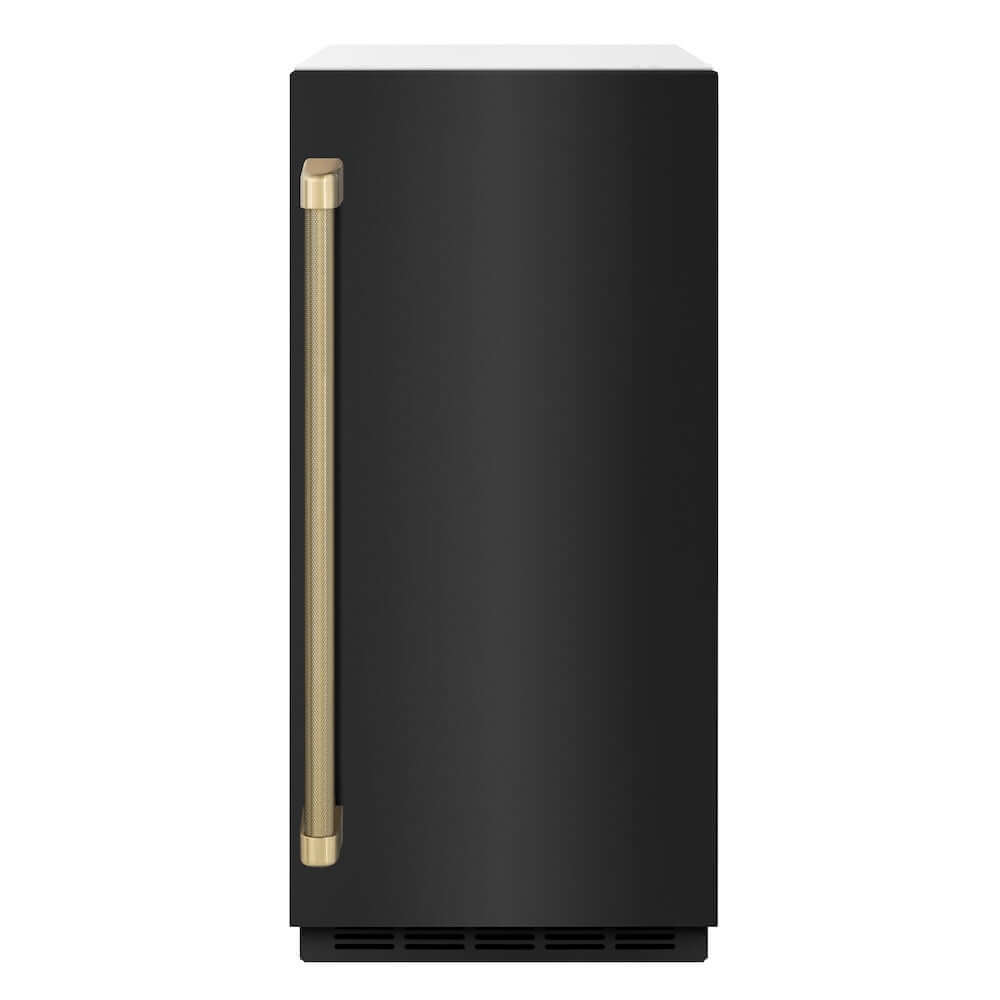 ZLINE Autograph Edition 15 in. Touchstone Gourmet Ice Maker with Drain Pump and Black Stainless Steel Door with Champagne Bronze Helix Handle (IGMDZ-BS-15-KCB) front.