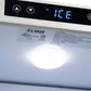 ZLINE Autograph Edition 15 in. Touchstone Gourmet Ice Maker with Drain Pump and Black Stainless Steel Door with Polished Gold Helix Handle (IGMDZ-BS-15-KG) control panel with 'ICE' display and illuminated button.