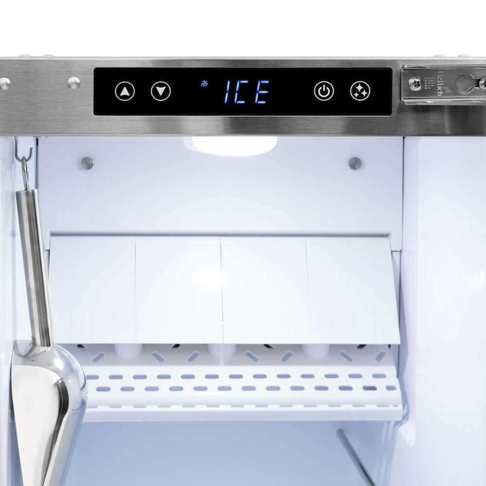 ZLINE Autograph Edition 15 in. Touchstone Gourmet Ice Maker with Drain Pump and Black Stainless Steel Door with Polished Gold Helix Handle (IGMDZ-BS-15-KG) digital display and control panel.