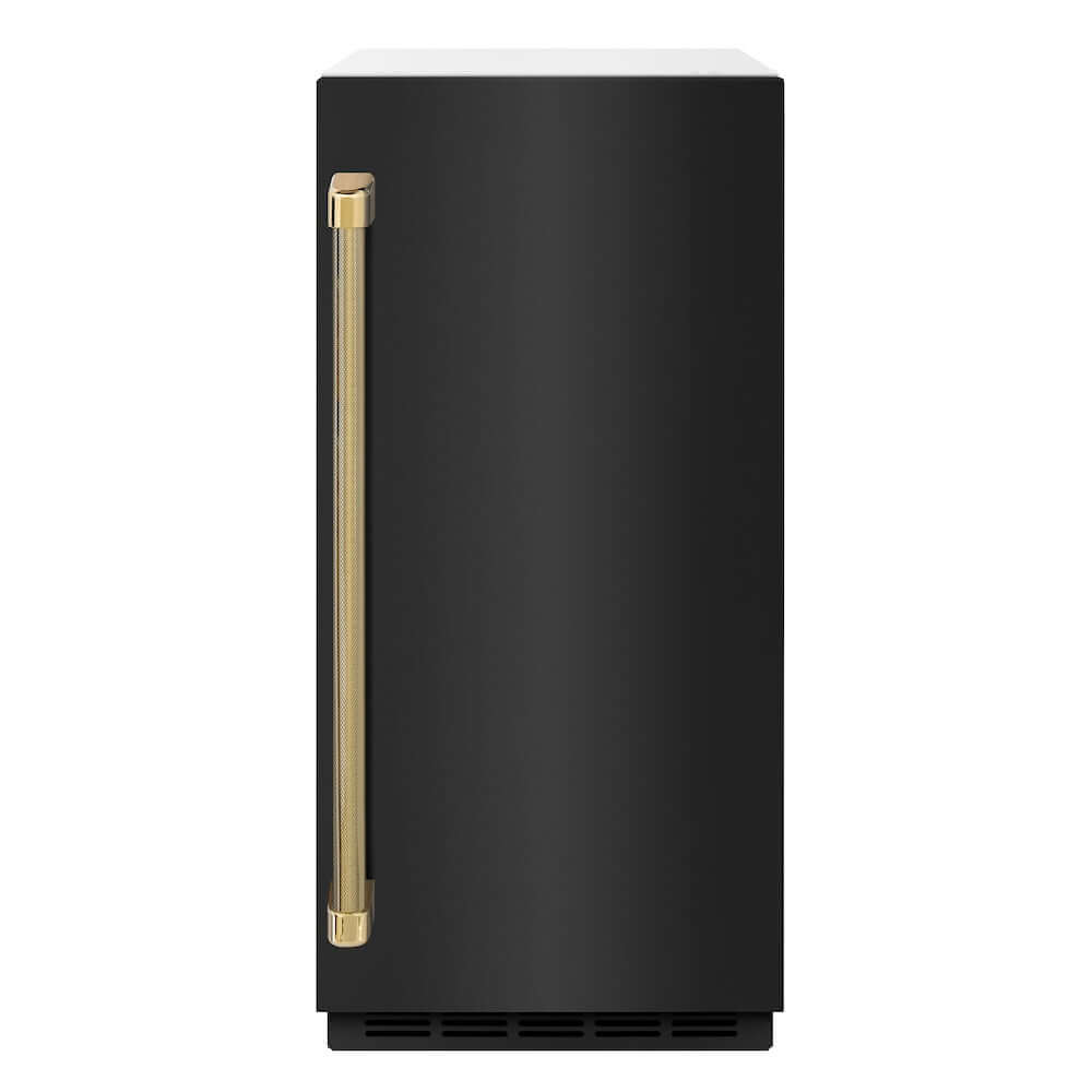 ZLINE Autograph Edition 15 in. Touchstone Gourmet Ice Maker with Drain Pump and Black Stainless Steel Door with Polished Gold Helix Handle (IGMDZ-BS-15-KG) front.