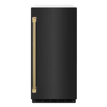 ZLINE Autograph Edition 15 in. Touchstone Gourmet Ice Maker with Drain Pump and Black Stainless Steel Door with Polished Gold Helix Handle (IGMDZ-BS-15-KG) front.