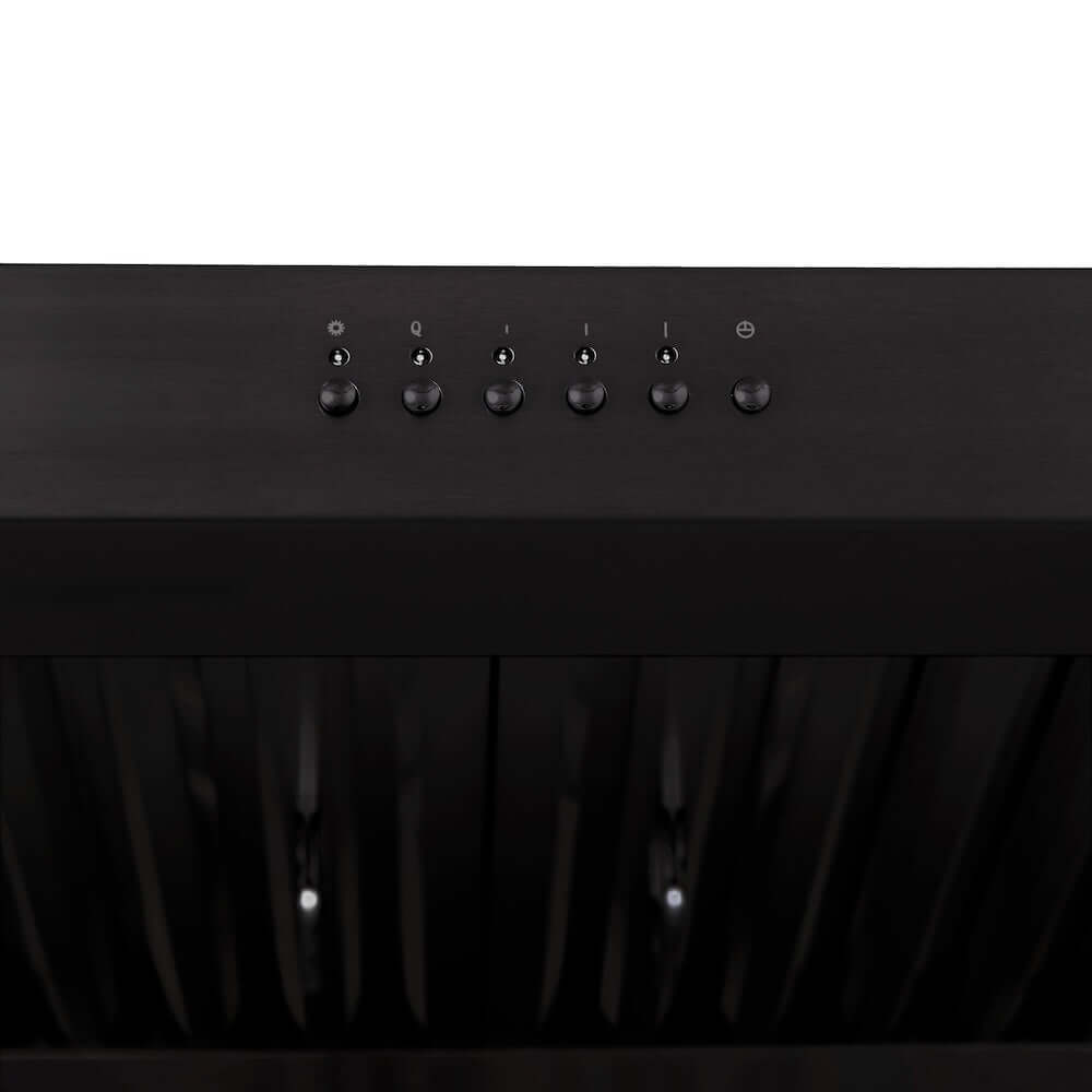 ZLINE 600 CFM Ducted 30 in.Under Cabinet Range Hood in Black Stainless Steel (BS623-30) close-up, light and fan controls.