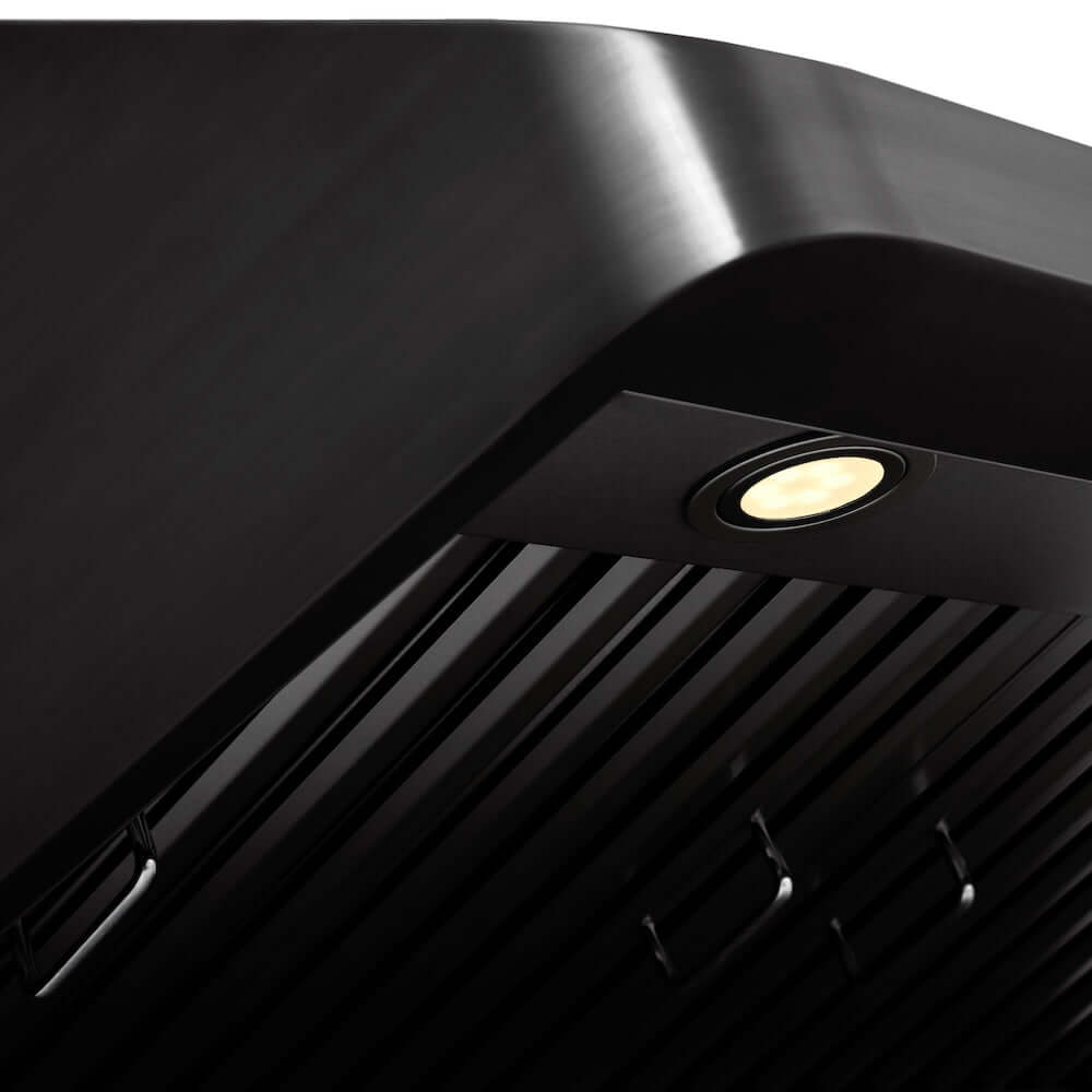 ZLINE 600 CFM Ducted 30 in.Under Cabinet Range Hood in Black Stainless Steel (BS623-30) close-up detail, LED light and baffle filter.