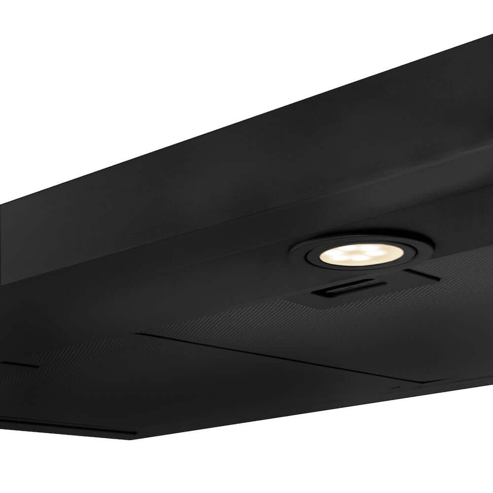 ZLINE 30 in. 400 CFM Ducted Under Cabinet Range Hood in Black Stainless Steel (BS617-30) close-up, built-in LED light.