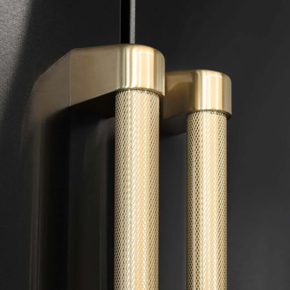 ZLINE Autograph Edition 36 in. 22.5 cu. ft. Counter-Depth French Door Refrigerator with Ice Maker in Fingerprint-Resistant Black Stainless Steel and Champagne Bronze Helix Handles (RFMZ-36-BS-KCB) two Helix handles on refrigerator exterior showing knurled diamond texture.