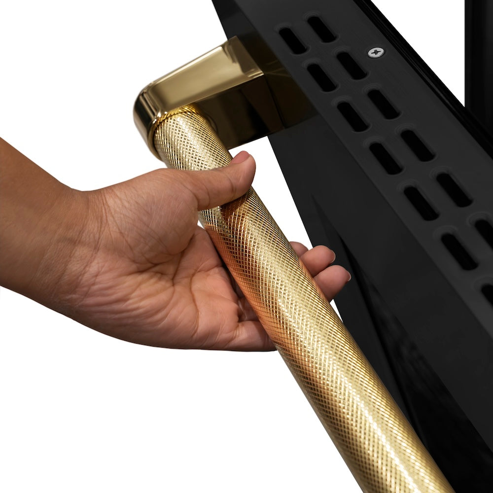 ZLINE Autograph Edition 36 in. 5.2 cu. ft. Paramount Gas Range with 6 Burner Cooktop and Convection Gas Oven in Black Stainless Steel with Polished Gold Helix Handle and Knob Accents (SGRBZ-36-KG) hand opening oven with Polished Gold Helix handle showing knurled diamond texture.