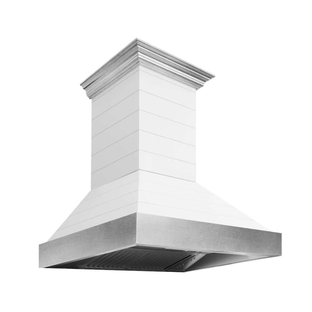 ZLINE Wooden Wall Mount Range Hood in Rustic Shiplap Bright White Finish with Stainless Steel Accents with Size Options (365WW) main image.