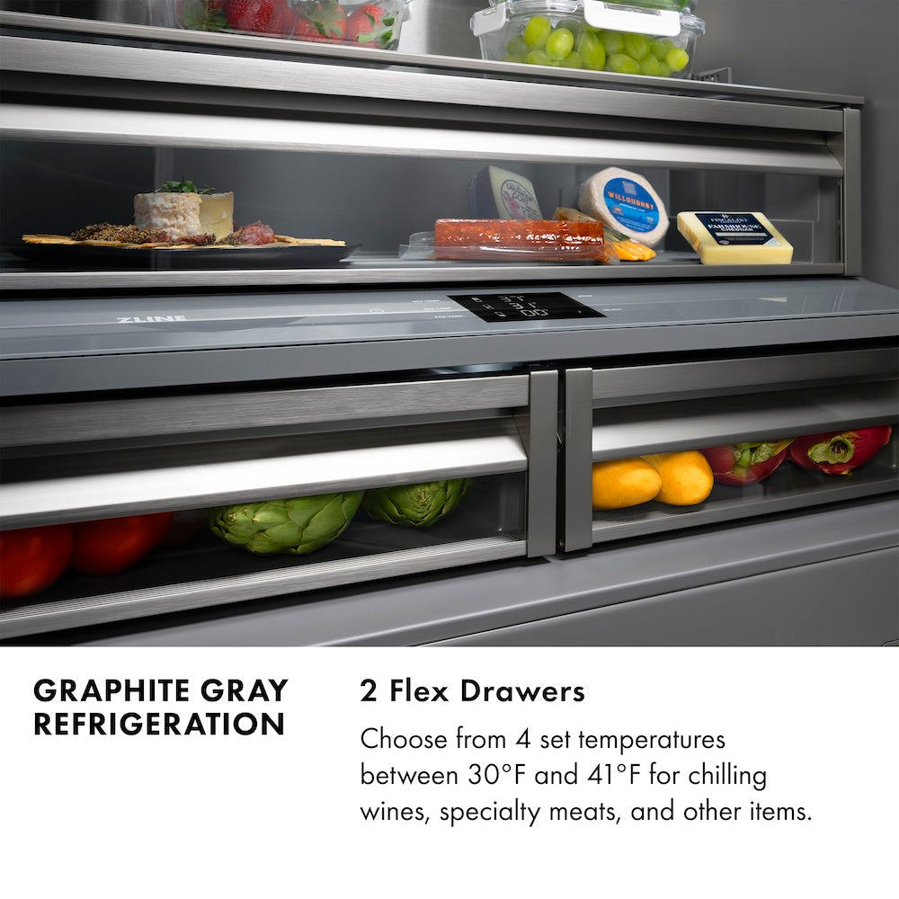 ZLINE 36 in. 19.6 cu. ft. Panel Ready French Door Built-In Bottom Freezer Refrigerator with Water Dispenser and Ice Maker with Graphite Gray Interior (GRBIV-36) infographic. Text: Graphite Gray Refrigeration. 2 Flex Drawers. Choose from 4 set temperatures for chilling wines, meats, and other items.