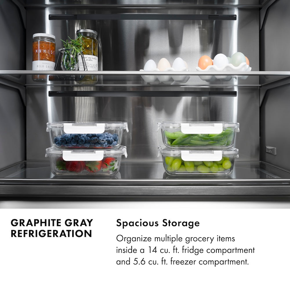 ZLINE Autograph Edition 36 in. 19.6 cu. ft. French Door Built-In Bottom Freezer Refrigerator with Water Dispenser and Ice Maker in Stainless Steel with Graphite Gray Interior and Champagne Bronze Accents (GRBIVZ-304-36CB) infographic. Text: Graphite Gray Refrigeration. Spacious Storage. Organize multiple grocery items inside a high-capacity fridge compartment and freezer compartment.