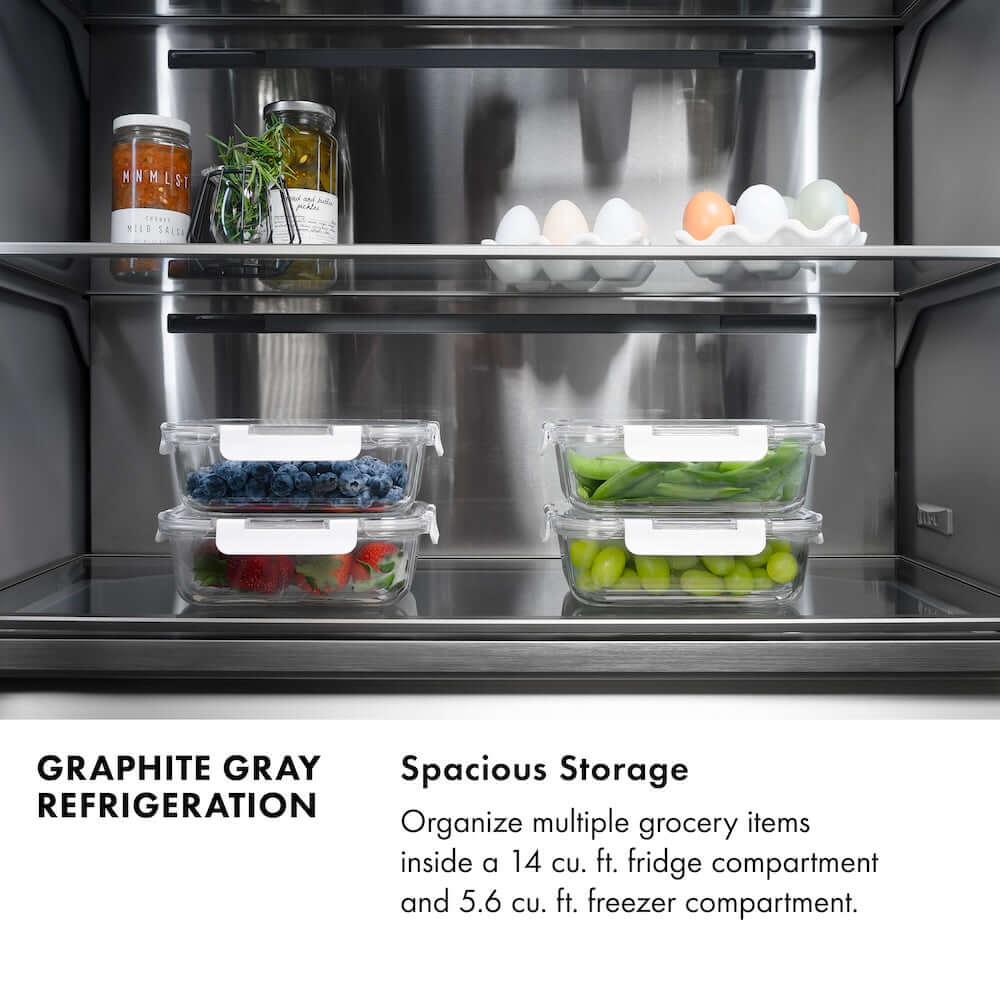 Graphite Gray Refrigeration. Spacious Storage. Text: Organize multiple grocery items inside a high-capacity fridge and freezer compartment.