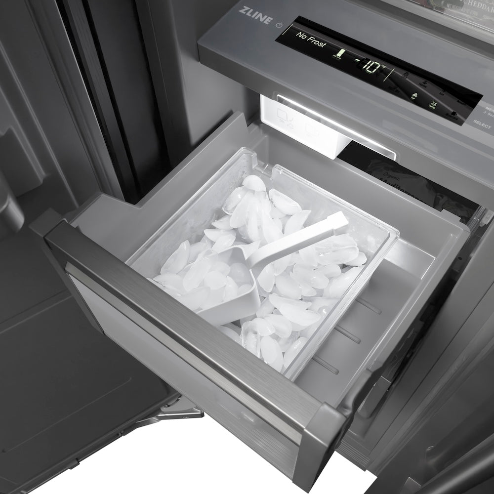 ZLINE 18 in. 8.6 cu. ft. Left Hinge Column Freezer in Black Stainless Steel with Graphite Gray Interior (RCFVL-BS-18) ice maker drawer with ice cubes and scoop.