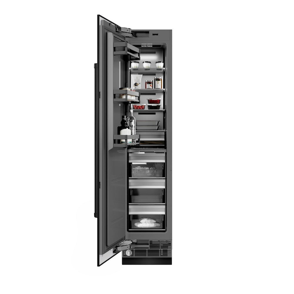 ZLINE 18 in. 8.6 cu. ft. Left Hinge Column Freezer in Black Stainless Steel with Graphite Gray Interior (RCFVL-BS-18) front, open, displaying various frozen food and other items.
