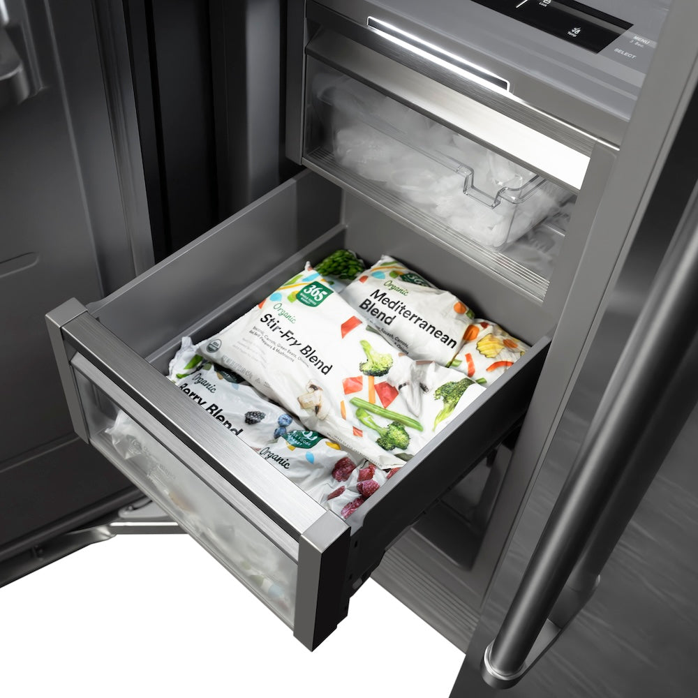 ZLINE Autograph Edition 18 in. 8.6 cu. ft. Left Hinge Column Freezer in Black Stainless Steel with Graphite Gray Interior and Polished Gold Accents (RCFVLZ-BS-18-G) food inside drawers.
