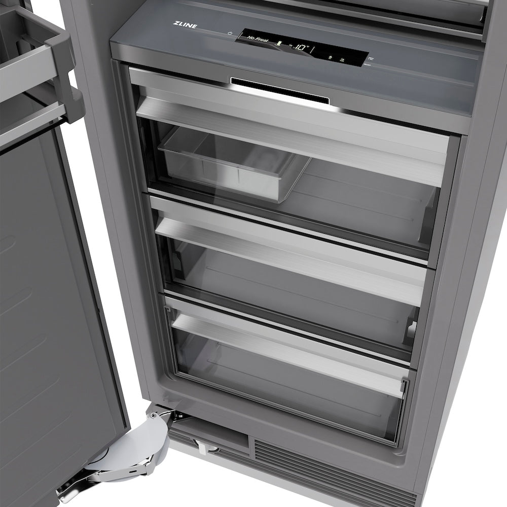ZLINE Autograph Edition 18 in. 8.6 cu. ft. Left Hinge Column Freezer in Black Stainless Steel with Graphite Gray Interior and Polished Gold Accents (RCFVLZ-BS-18-G) storage drawers.