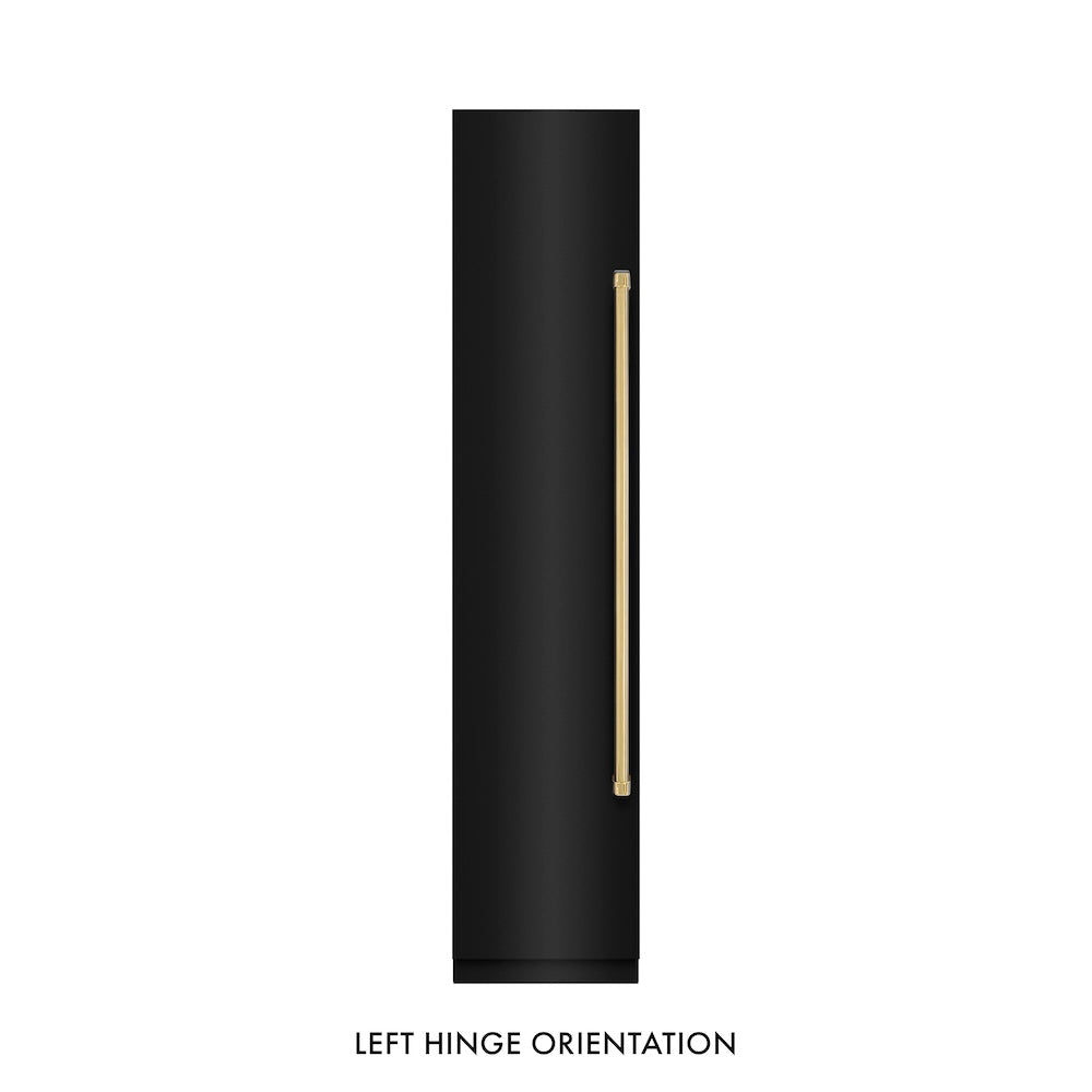 ZLINE Autograph Edition 18 in. 8.6 cu. ft. Left Hinge Column Freezer in Black Stainless Steel with Graphite Gray Interior and Polished Gold Accents (RCFVLZ-BS-18-G) front, closed.