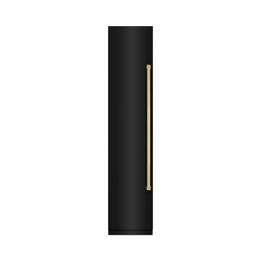 ZLINE Autograph Edition 18 in. 8.6 cu. ft. Left Hinge Column Freezer in Black Stainless Steel with Graphite Gray Interior and Polished Gold Accents (RCFVLZ-BS-18-G) front, closed.
