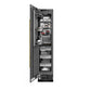 ZLINE Autograph Edition 18 in. 8.6 cu. ft. Left Hinge Column Freezer in Black Stainless Steel with Graphite Gray Interior and Polished Gold Accents (RCFVLZ-BS-18-G) front, open, with food inside.