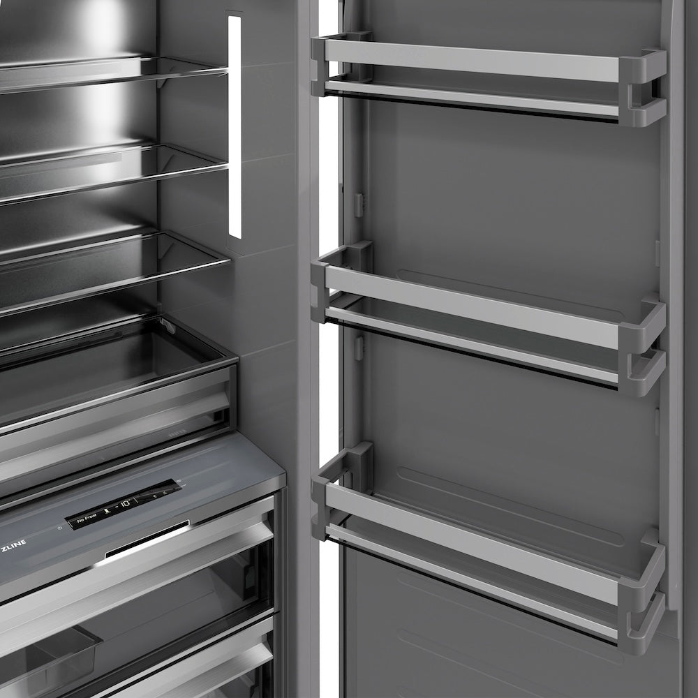 ZLINE 18 in. 8.6 cu. ft. Right Hinge Column Freezer in Black Stainless Steel with Graphite Gray Interior (RCFVR-BS-18) door open detail.