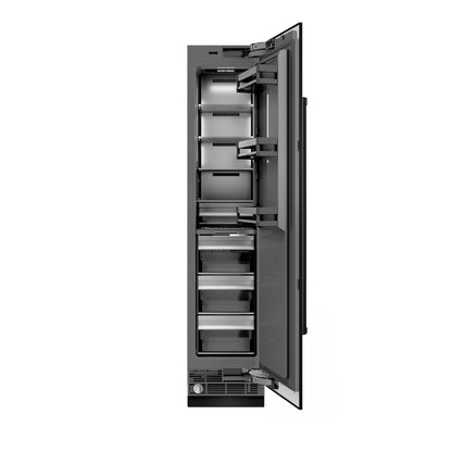 ZLINE 18 in. 8.6 cu. ft. Right Hinge Column Freezer in Black Stainless Steel with Graphite Gray Interior (RCFVR-BS-18) front, open.