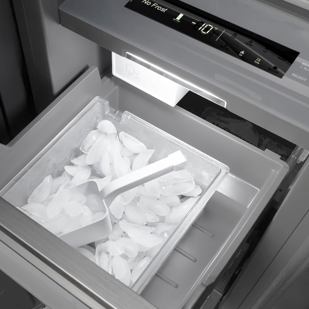 ZLINE Autograph Edition 18 in. 8.6 cu. ft. Right Hinge Column Freezer in Black Stainless Steel with Graphite Gray Interior and Champagne Bronze Accents (RCFVRZ-BS-18-CB) ice and ice scoop.
