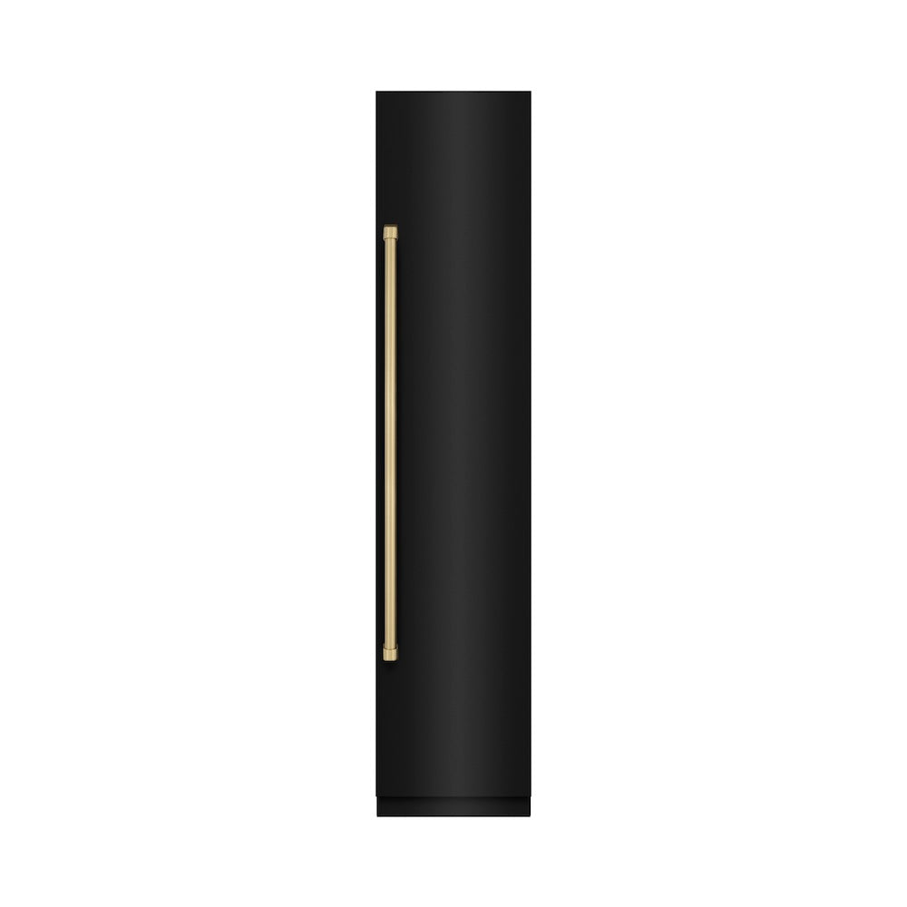 ZLINE Autograph Edition 18 in. 8.6 cu. ft. Right Hinge Column Freezer in Black Stainless Steel with Graphite Gray Interior and Champagne Bronze Accents (RCFVRZ-BS-18-CB) front, closed.