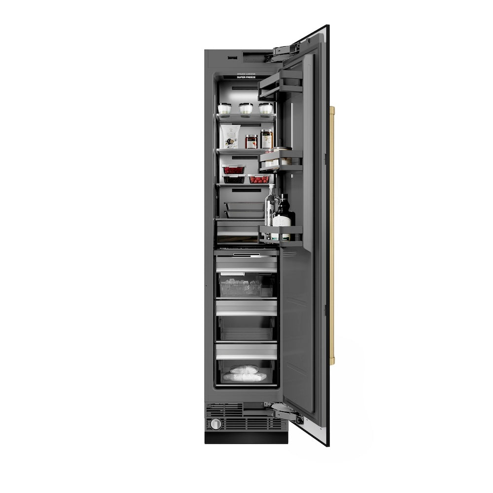 ZLINE Autograph Edition 18 in. 8.6 cu. ft. Right Hinge Column Freezer in Black Stainless Steel with Graphite Gray Interior and Champagne Bronze Accents (RCFVRZ-BS-18-CB) front, open, with food inside.
