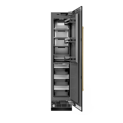 ZLINE Autograph Edition 18 in. 8.6 cu. ft. Right Hinge Column Freezer in Black Stainless Steel with Graphite Gray Interior and Champagne Bronze Accents (RCFVRZ-BS-18-CB) front, open.