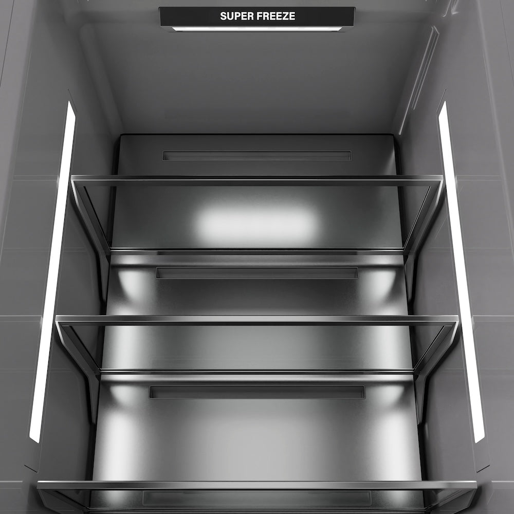 ZLINE Autograph Edition 18 in. 8.6 cu. ft. Right Hinge Column Freezer in Black Stainless Steel with Graphite Gray Interior and Polished Gold Accents (RCFVRZ-BS-18-G) interior LED lighting and glass shelving.