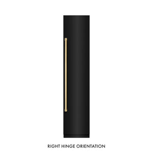 ZLINE Autograph Edition 18 in. 8.6 cu. ft. Right Hinge Column Freezer in Black Stainless Steel with Graphite Gray Interior and Polished Gold Accents (RCFVRZ-BS-18-G) front, closed.