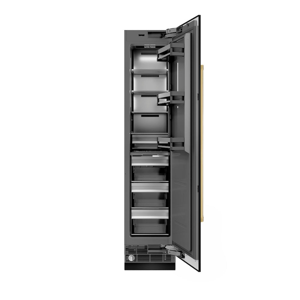 ZLINE Autograph Edition 18 in. 8.6 cu. ft. Right Hinge Column Freezer in Black Stainless Steel with Graphite Gray Interior and Polished Gold Accents (RCFVRZ-BS-18-G) front, open.